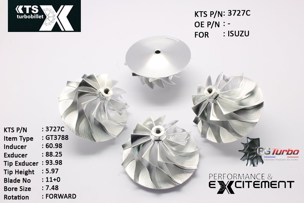 Turbo ROUE FORGÉE MFS PERFORMANCE - 11+0 PALES - INDUCER : 60,98 - EXDUCER : 88,25 - TYPE : GT3788LVAANGLE : 55° - ROTATION : Forward - SUPER BACK : 5,3 - BORE SIZE : 7,48
